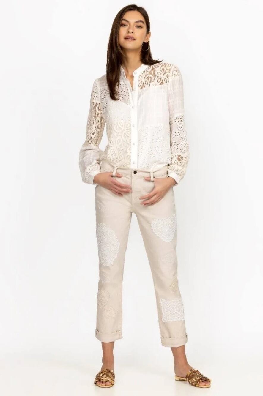 NWT Johnny Was Womens 25 Jeans Dolly Boyfriend Jean Lace Patch Mid Rise